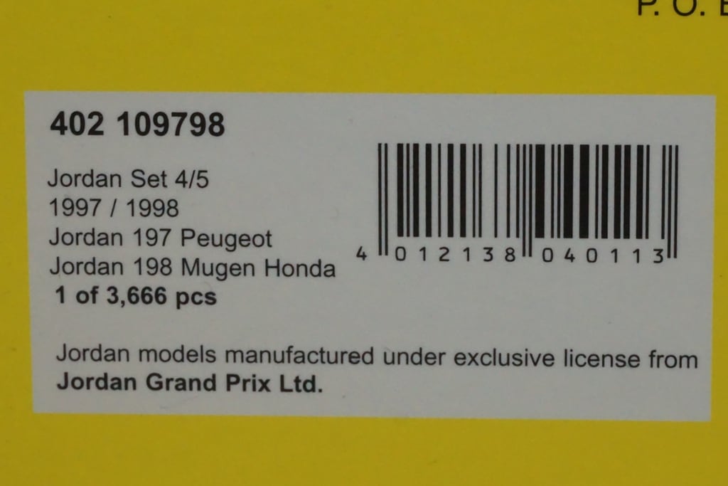 1:43 MINICHAMPS 402109798 Jordan Set 4/5 197 Peugeot 1997 / 198 Mugen Honda 1998