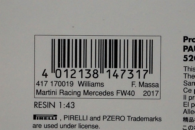 1:43 MINICHAMPS 417170019 Williams MARTINI Racing Mercedes FW40 2017 #19 F.Massa