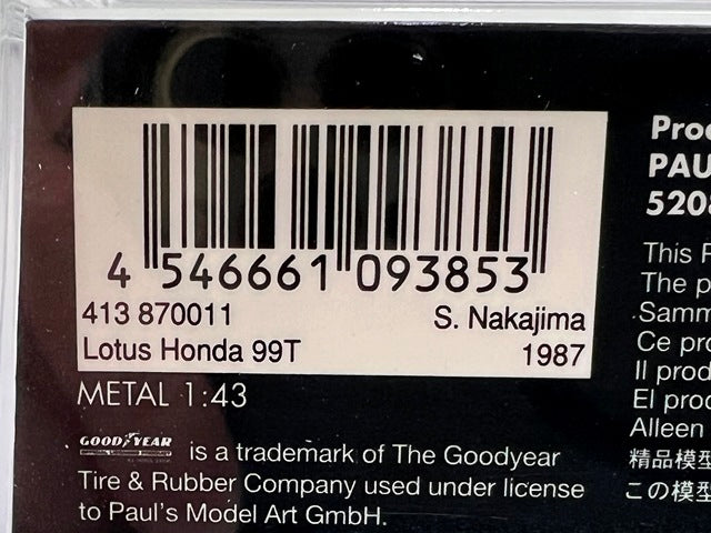 1:43 MINICHAMPS 413870011 Lotus Honda 99T Japan GP 1987/11/01 #11 Satoru Nakajima CAMEL model car