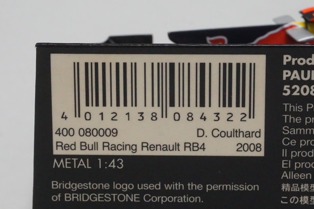 1:43 MINICHAMPS 400080009 Red Bull Racing Renault RB4 2008 #9 D. Coulthard model car