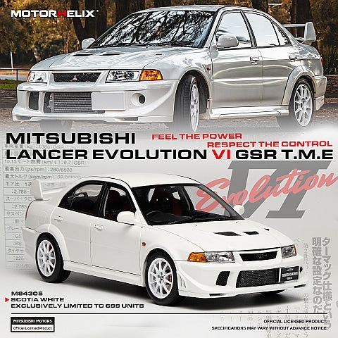 M84305 MOTORHELIX 1:18 Mitsubishi Lancer Evolution VI GRS T.M.E SCOTIA WHITE