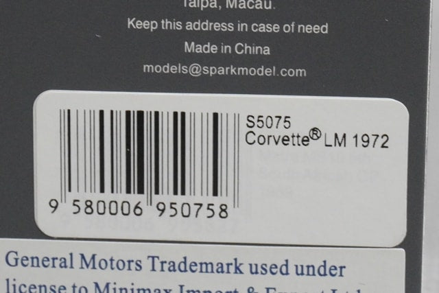 1:43 SPARK S5075 Chevrolet Corvette Le Mans 1972 #72 model car