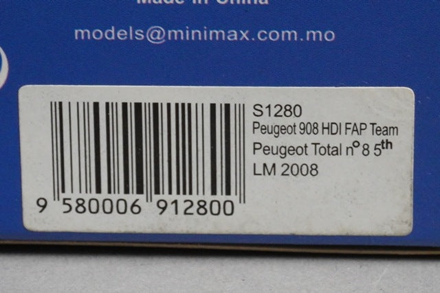 1:43 SPARK S1280 Peugeot 908 HDI FAP Team Peugeot Total Le Mans 5th place 2008 #8 model car