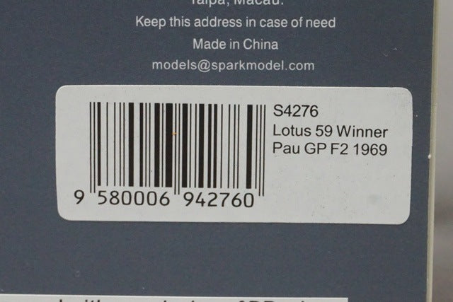 1:43 SPARK S4276 Lotus 59 F2 Pau Grand Prix Winner 1969 #4 J. Rindt model car