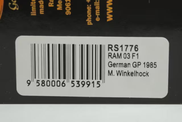 1:43 Spark RS1776 Raceland Custom RAM 03 Hart Turbo F1 German GP 1985 #9 M. Winkelhock