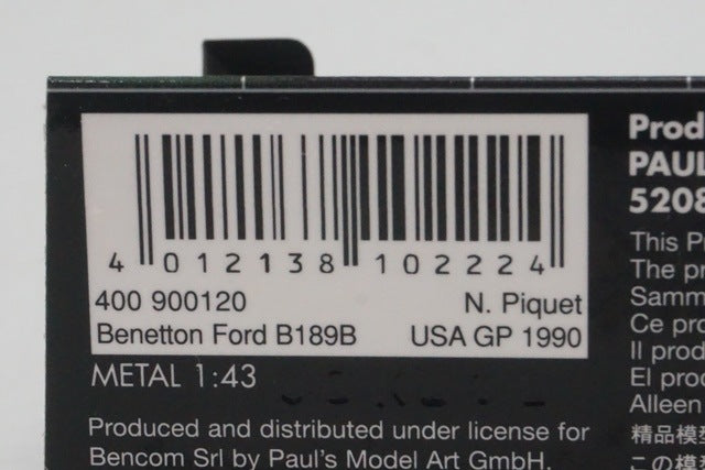 1:43 MINICHAMPS 400900120 Benetton Ford B189B US GP 1990 #20 N.Pique model car