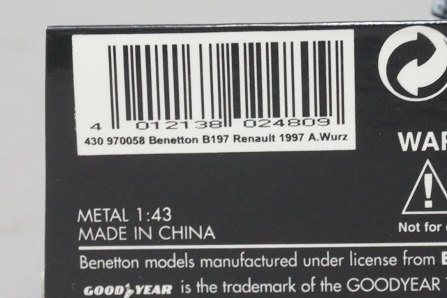 1:43 MINICHAMPS 430970058 Benetton Renault B197 1997 FedEx A.Wurz #8