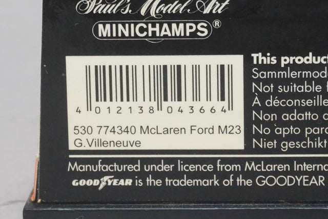 1:43 MINICHAMPS 530774340 McLaren Ford M23 BRITISH GP 1977 TEXACO G.Villeneuve #40