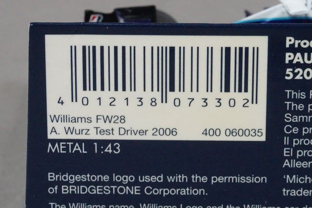 1:43 MINICHAMPS 400060035 Williams F1 Cosworth FW28 Test Driver 2006 A.#35