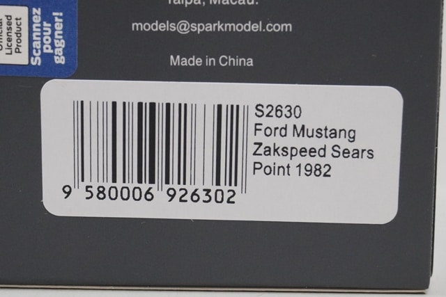 1:43 Spark S2630 Ford Mustang Zakspeed Sears Point 1982 #6 R. Mears model car