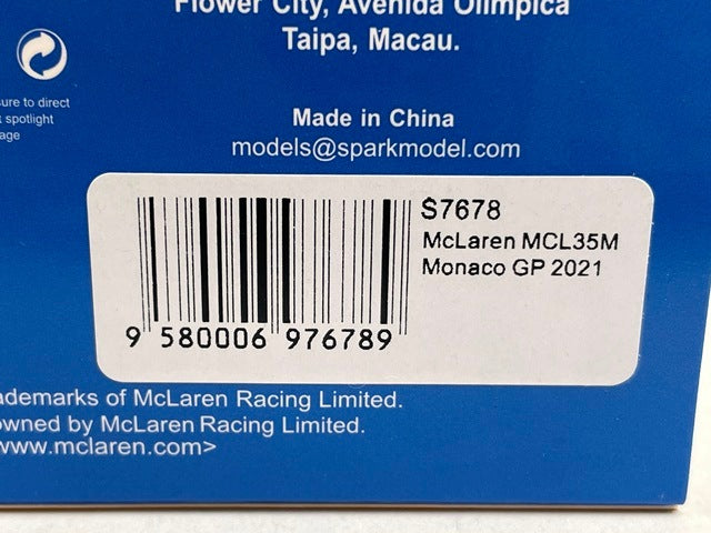 1:43 Spark S7678 McLaren MCL35M MonacoGP 2021 #3 D. Ricciardo model car