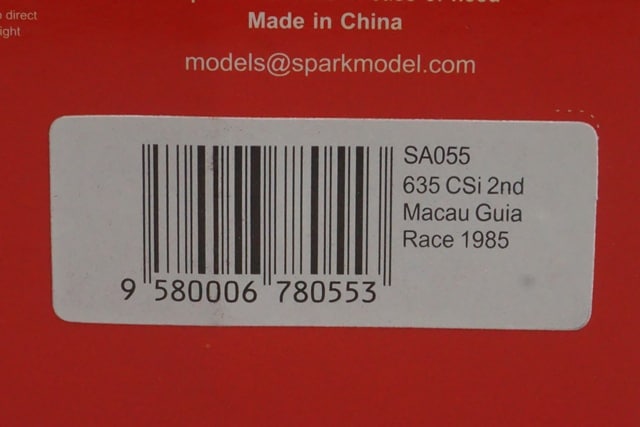 1:43 SPARK SA055 BMW 635 CSi Macau Guia Race 2nd place 1985 #1 G. Berger model car