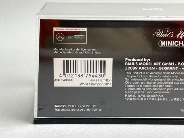 1:43 MINICHAMPS 436140044 Mercedes AMG Petronas F1 Team W05 L. Hamilton 2014 World Champion #44