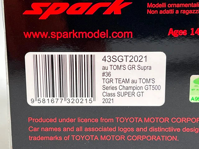 1:43 Spark 43SGT2021 au TOM'S GR Supra TGR Team Series Champion GT500 Class Super GT 2021 #36 Yuhi Sekiguchi / Sho Tsuboi