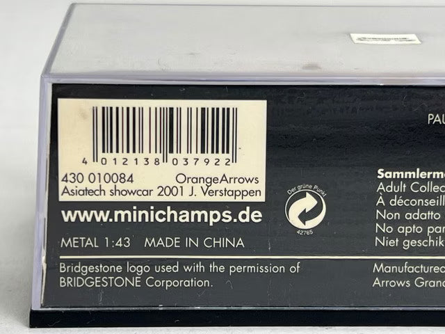 1:43 MINICHAMPS 430010084 Orange Arrows Asiatech Show Car 2001 J. Verstappen #14