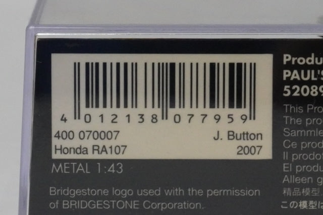 1:43 MINICHAMPS 400070007 Honda RA107 2007 #7 J.Button Earth Spec. model car