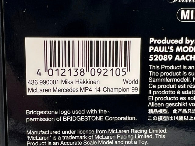 1:43 MINICHAMPS 436990001 McLaren Mercedes MP4-14 World Champion 1999 #1 K.Hakkinen