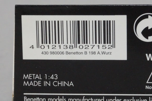 1:43 MINICHAMPS 430980006 Benetton Playlife B198 A.Wurz
