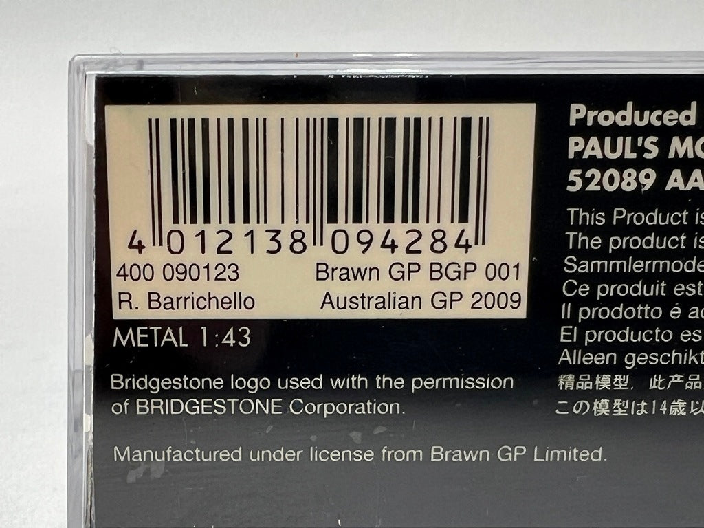 1:43 MINICHAMPS 400090123 Brown GP BGP 001 Australian GP 2009 R. Barrichello #23 model car