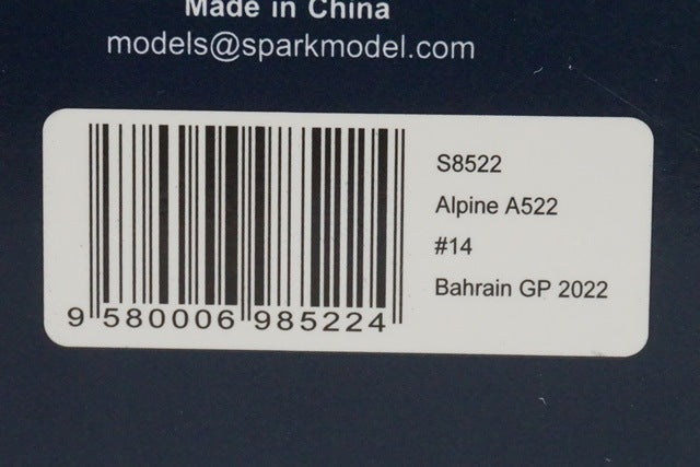 1:43 SPARK S8522 Alpine A522 BWT F1 Team Bahrain GP 2022 #14 Fernando Alonso model car