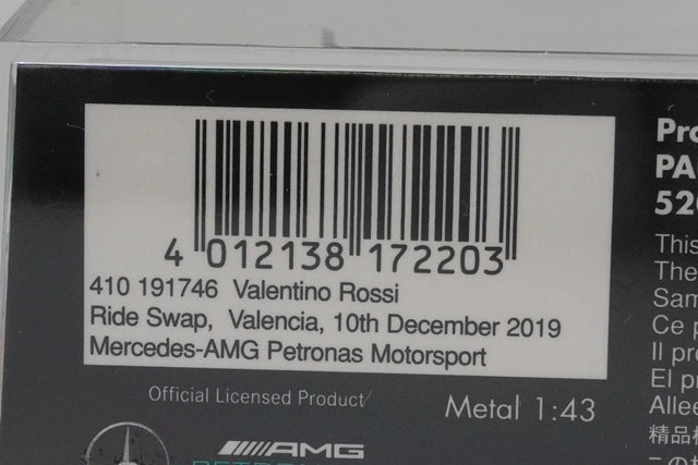 1:43 MINICHAMPS 410191746 Mercedes-AMG Petronas Motorsport F1 W08 Valencia RIDE SWAP 2019 #46 V. Rossi model car