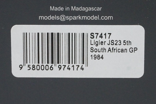 1:43 Spark S7417 Ligier JS23 South African GP 5th 1984 #26 A. de Cesaris