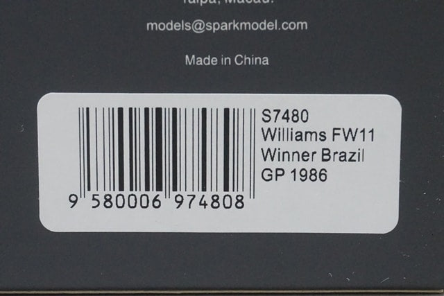 1:43 SPARK S7480 Williams FW11 Brazi GP Winner 1986 #6 Nelson Piquet