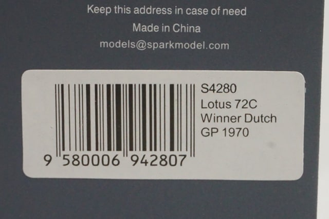 1:43 SPARK S4280 Lotus 72C Dutch GP Winner J.Rindt 1970 #10