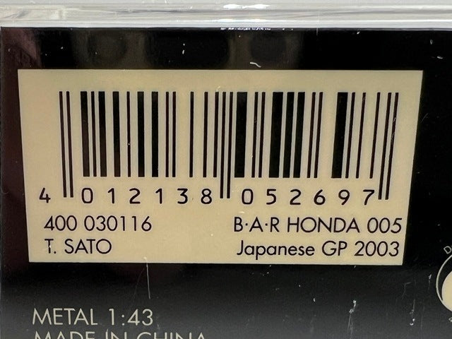 1:43 MINICHAMPS 400030116 B・A・R Honda 005 Japanese GP 2003 #16 T.Sato model car