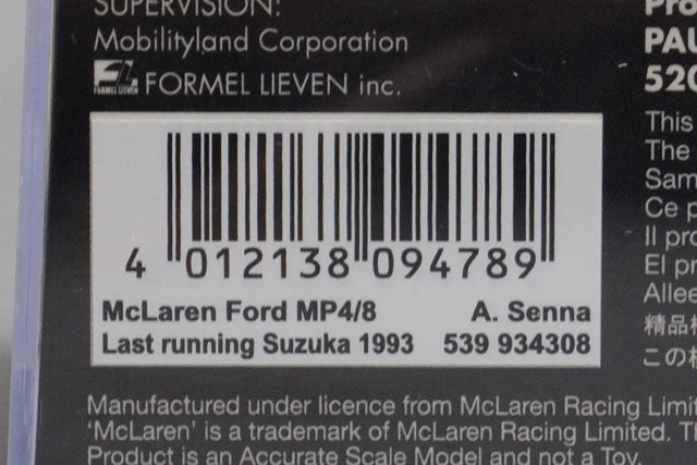 1:43 MINICHAMPS 539934308 McLaren Honda MP4/8 Suzuka 1993 Last Run #8 A.Senna