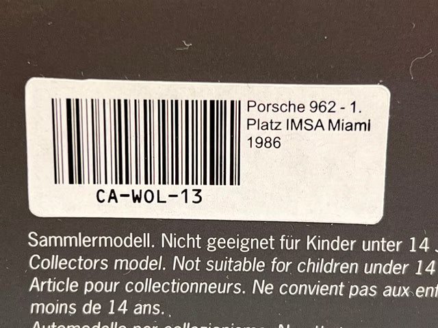 1:43 Spark CA-WOL-13 Kartima Custom Porsche 962 1.Platz IMSA Miami 1986 #86