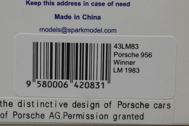 1:43 SPARK 43LM83 Porsche 956 #3 Winner LM 1983 V.Schuppan/H.Haywood/A.Holbert model car