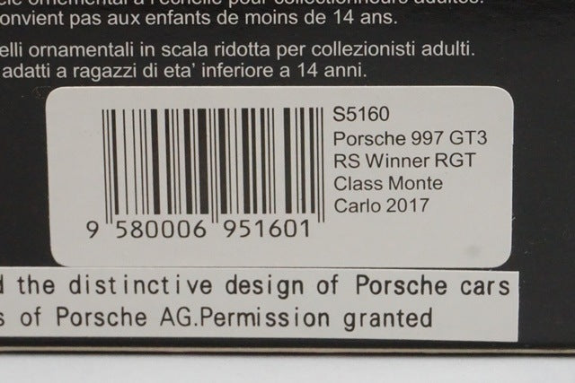 1:43 Spark S5160 Porsche 997 GT3 RS RGT Class Monte Carlo Winner 2017 #23 R. Dumas / G.D. Türkheim