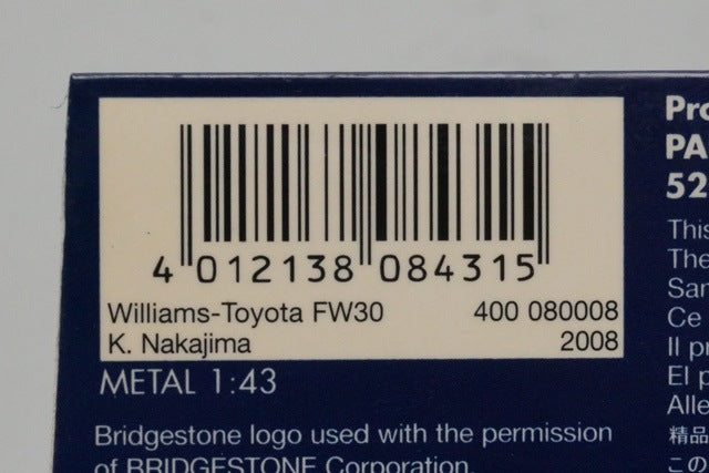 1:43 MINICHAMPS 400080008 AT&T Williams Toyota FW30 2008 Kazuki Nakajima #8