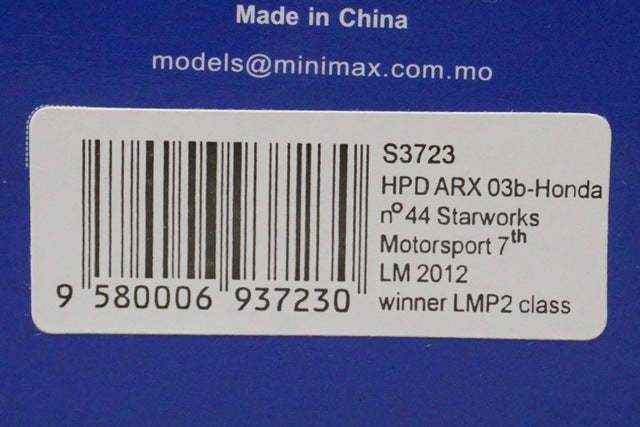 1:43 SPARK S3723 HPD ARX 03b-Honda Starworks Motorsports LM 2012 winner LMP2 class #44