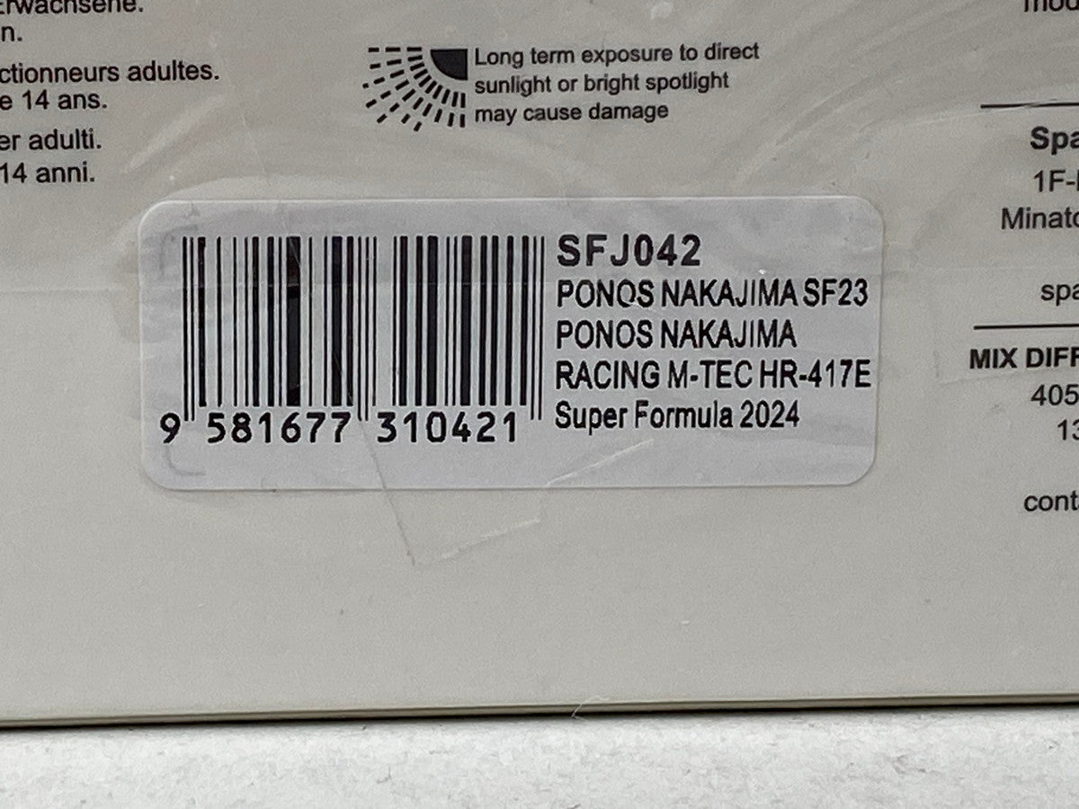 1:43 Spark SFJ042 PONOS NAKAJIMA SF23 Racing M-TEC HR417E Super Formula 2024 #64 model car