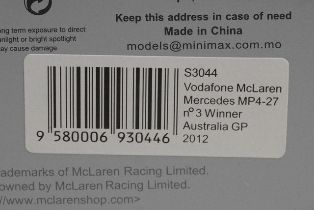 1:43 SPARK S3044 Vodafone McLaren Mercedes MP4-27 Australian GP 2012 winner #3 Jenson Button