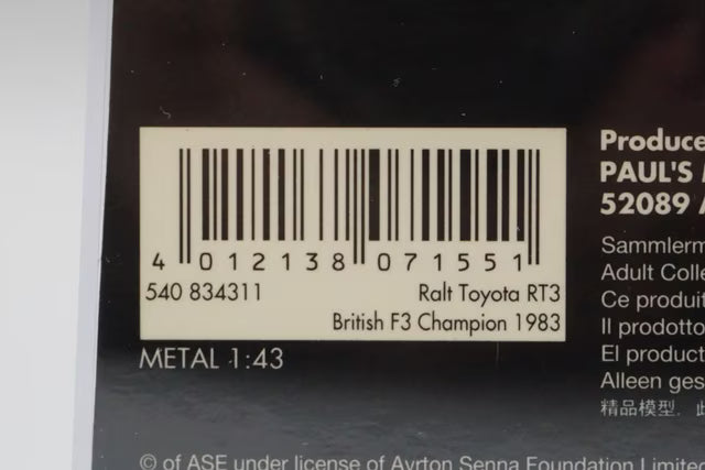 1:43 MINICHAMPS 540834311 Ralt Toyota RT3 A.Senna British F3 Winner 1983 #1 ASC No.29