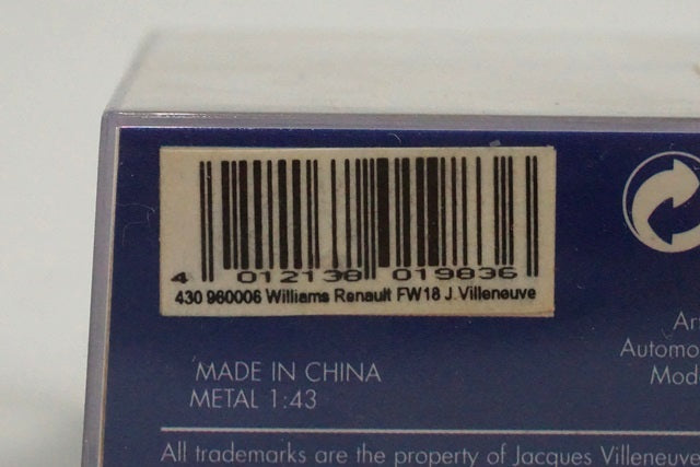 1:43 MINICHAMPS 430960006 Williams Renault FW18 1996 #6 J.Villeneuve