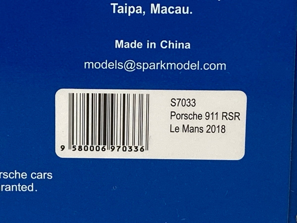1:43 SPARK S7033 Porsche 911 RSR #92 Winner LMGTE Pro class 24h Le Mans 2018
