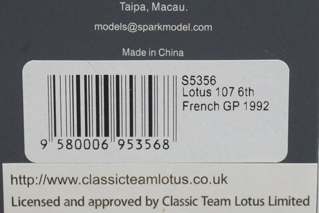1:43 SPARK S5356 Lotus 107 6th France GP 1992 #12 model car