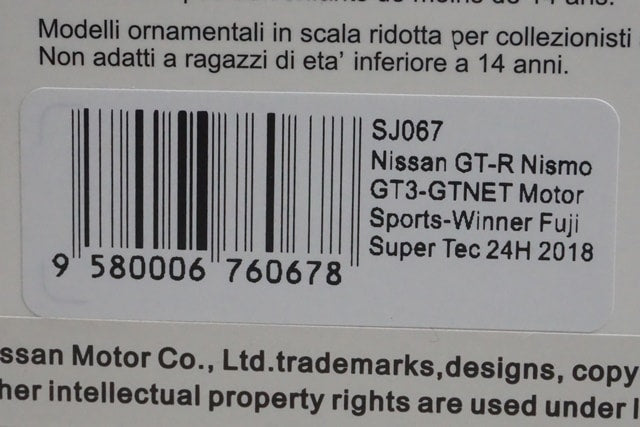 1:43 SPARK SJ067 Nissan GT-R NISMO GT3-GTNET Motor Sports-Winner Super Tec 24h #99 2018