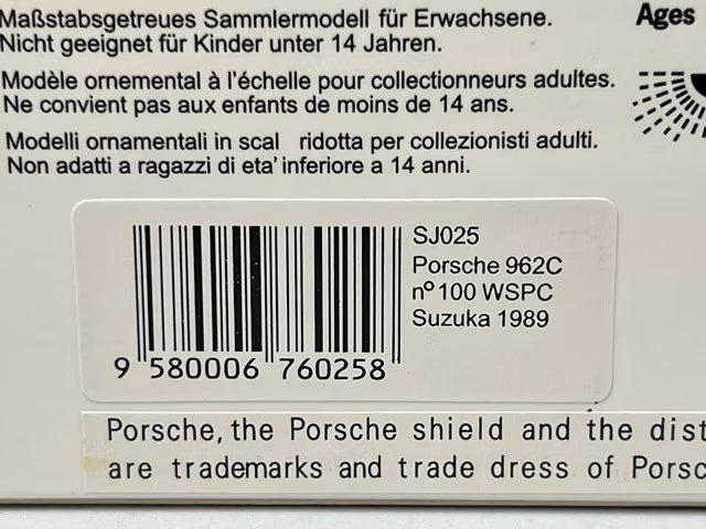 1:43 Spark SJ025 Porsche 962C WSPC Suzuka 1989 #100 G.Fouche S.Andsker model car