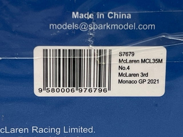 1:43 SPARK S7679 McLaren MCL35M Monaco GP L.Norris 2021 #4 GULF