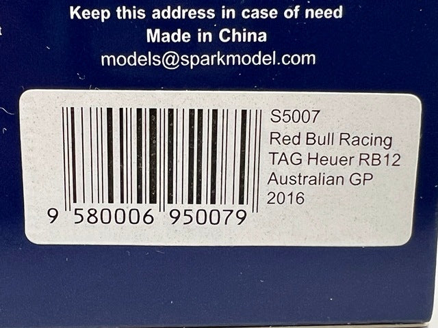 1:43 SPARK S5007 Red Bull Racing TAG Heuer RB12 Australian GP 2016 #3 D. Ricciardo model car