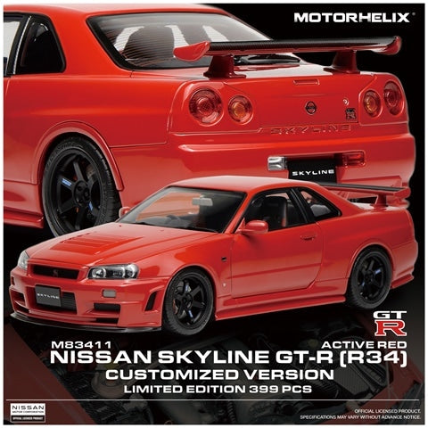 M83411 MOTORHELIX 1:18 Nissan SKYLINE GT-R R34 CUSTOMIZED VERSION ACTIVE RED model car