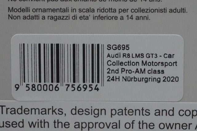 1:43 SPARK SG695 Audi R8 LMS GT3 Car Collection Motorsport 2nd Pro-AM class Nurburgring 24h 2020 #7