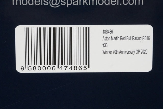 1:18 SPARK 18S486 Aston Martin Red Bull Racing RB16 70th Anniversary GP Winner 2020 #33