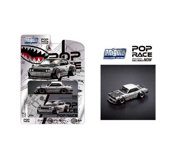PRE005 Pop Race x Enigma 1:64 Nissan Skyline GT-R KPGC10 Hakosuka V8 Drift Modified Silver Shark Chase Color Blister Ver.