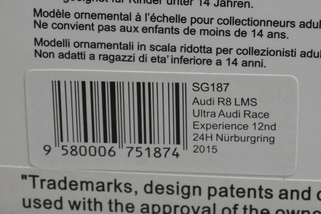 1:43 SPARK SG187 Audi R8 LMS ultra Audi Race Experience Nurburgring 24H 12th place 2015 #15 model car